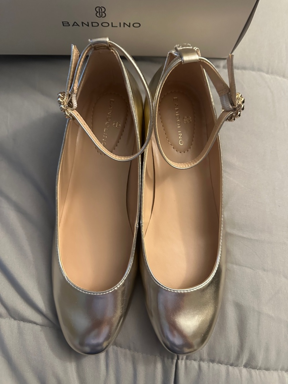 Bandolino Metallic Gold Ankle-Strap Flats with Buckle Accent